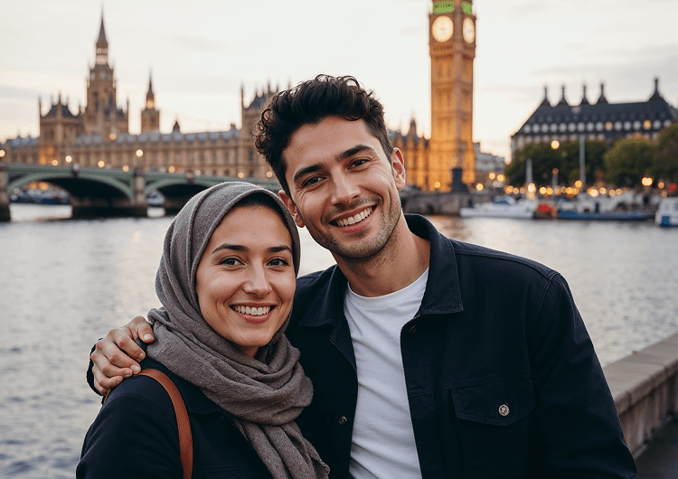 British Muslim couple enjoying at Big Ben Tower UK
